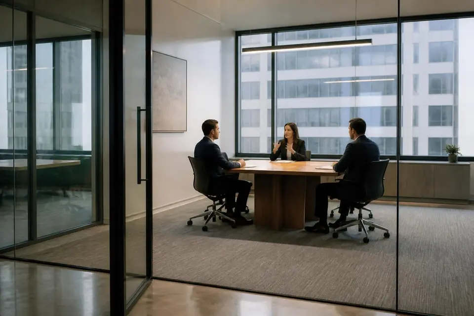 Three business professionals in a meeting around a round table in a modern office