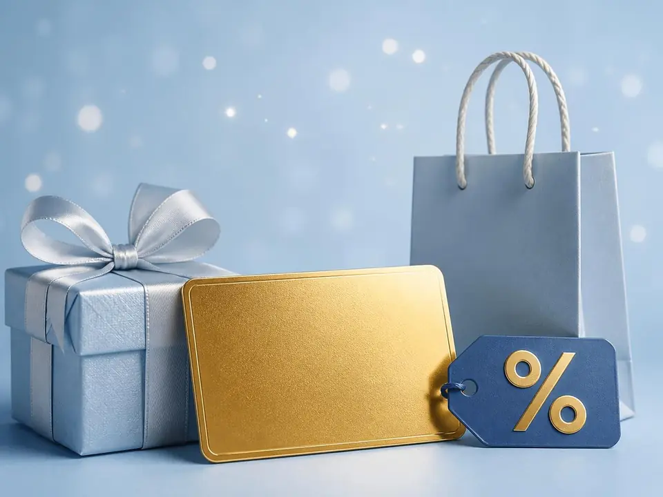 Member perks: gift box, discount tag, shopping bag and a blank membership card on light blue