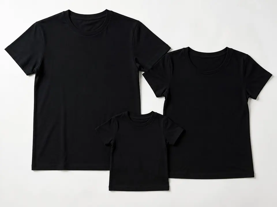 Matching black family t-shirts laid flat: one adult and two smaller sizes