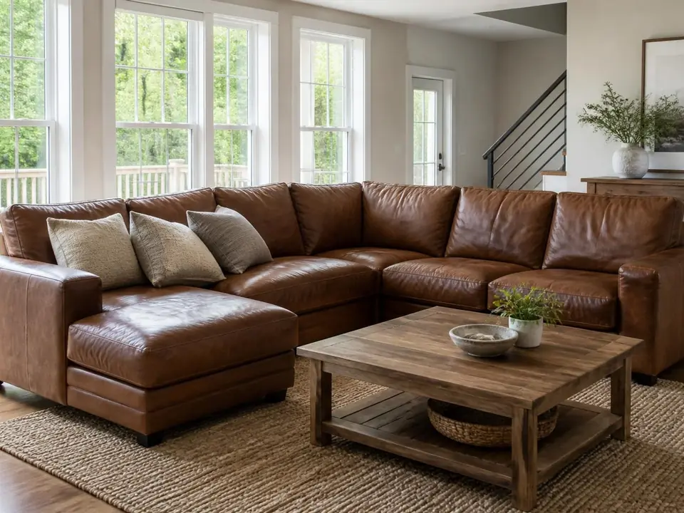 Modern living room with a brown leather sectional and a wooden coffee table