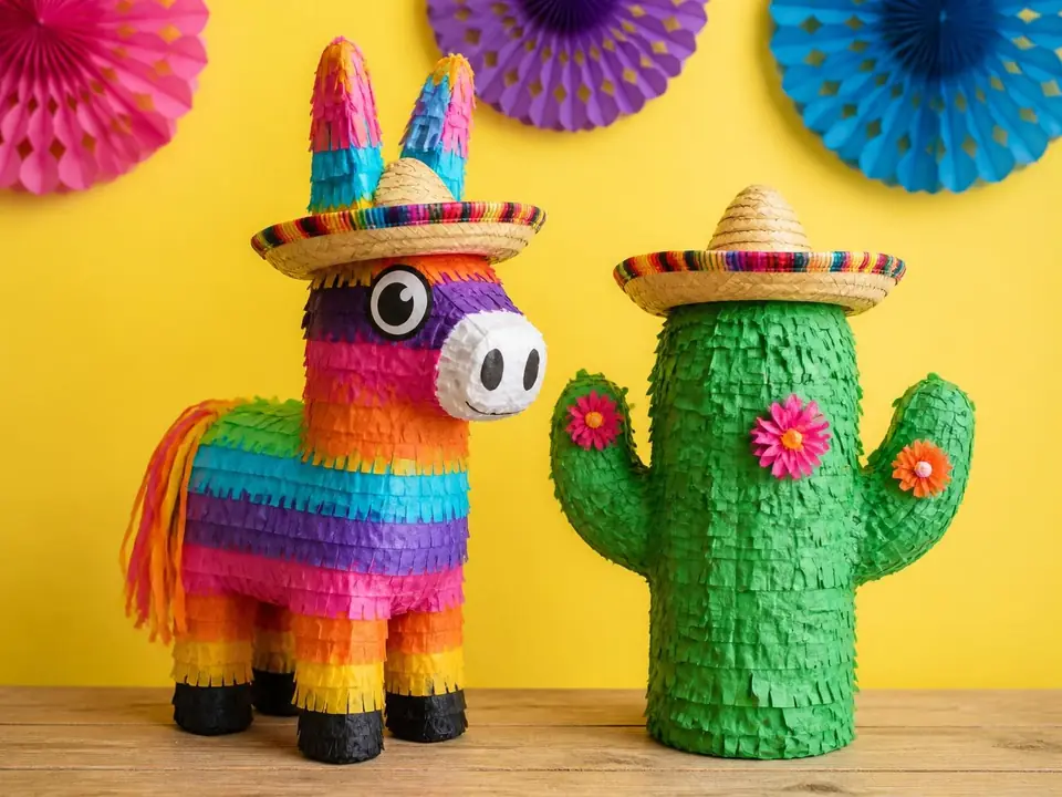 Colorful donkey and cactus piñatas wearing small sombreros
