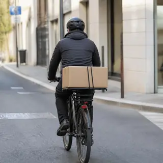 Courier on a bicycle carrying a cardboard box