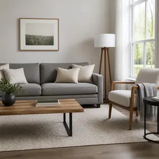 Modern living room with a gray sofa