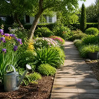 Flower garden with a stone path
