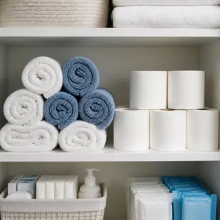 Shelf of towels and toilet paper