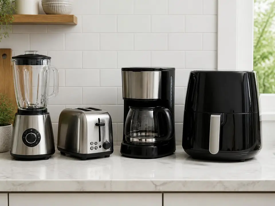 Blender, toaster, coffee maker and air fryer on a kitchen counter