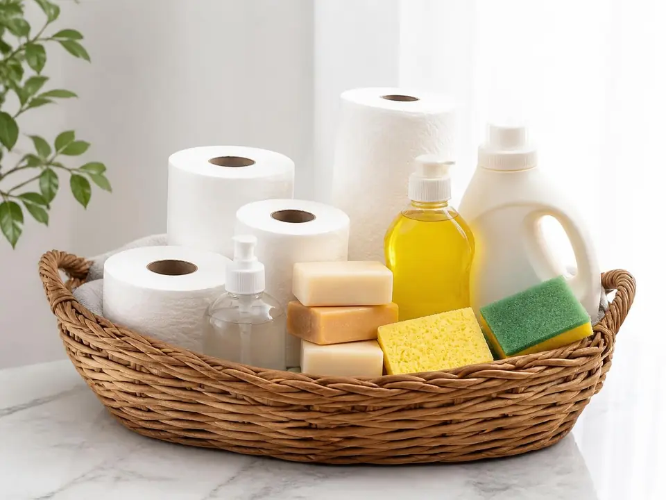 Wicker basket of everyday essentials: toilet paper, soap, detergent and sponges