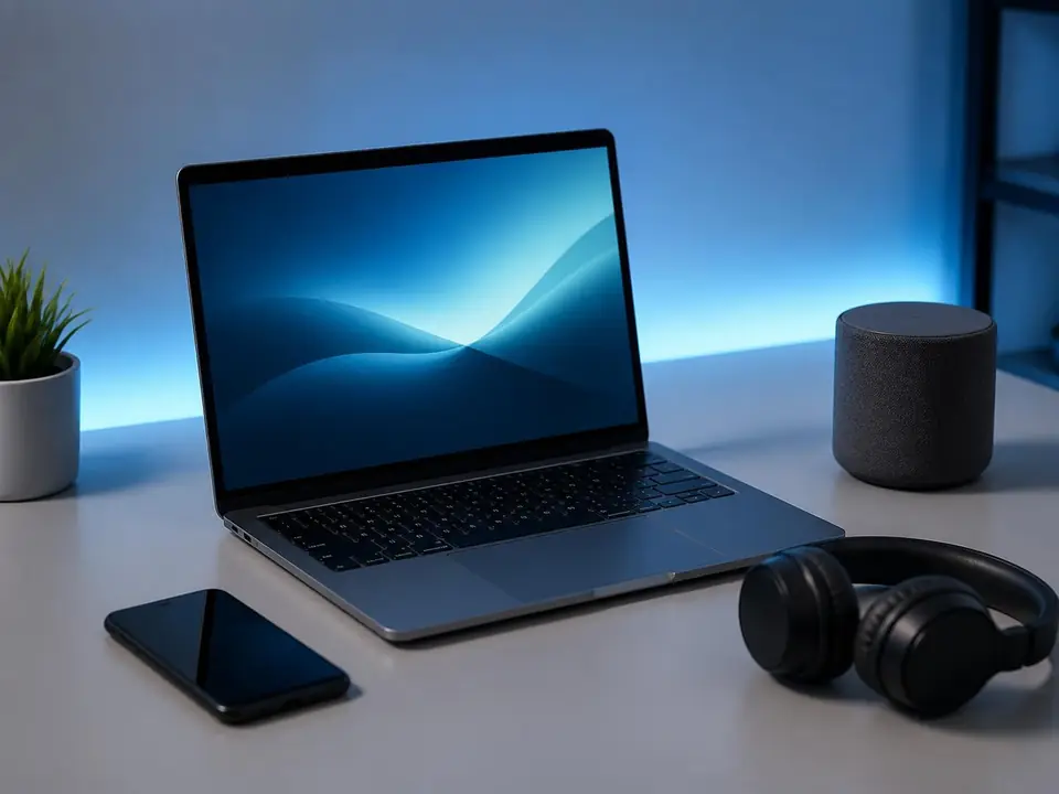 Laptop, smartphone, headphones and smart speaker on a desk