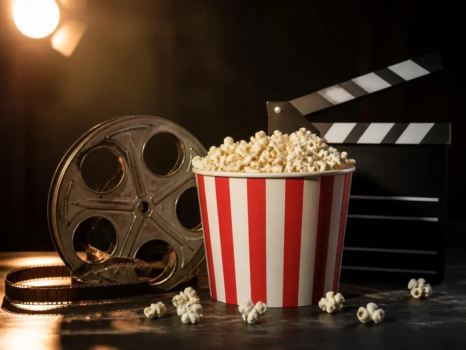 Popcorn bucket, vintage film reel and clapperboard