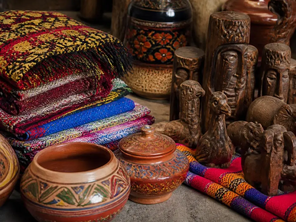 Traditional folk crafts: woven textiles, clay pottery and carved wooden figures