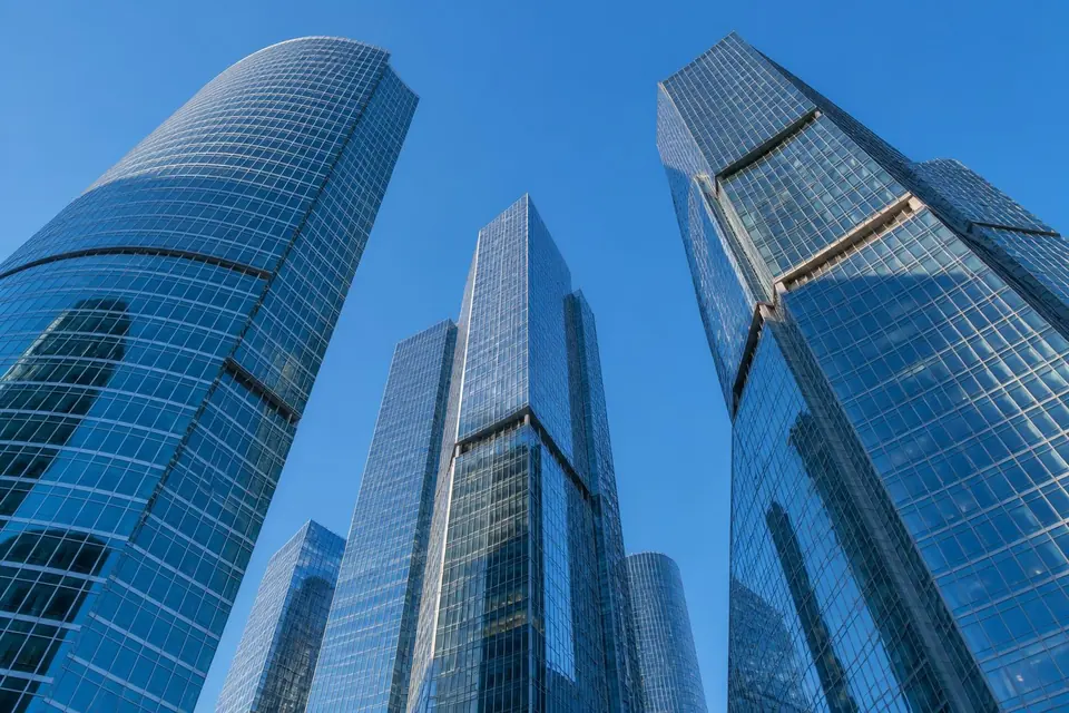 Upward view of modern glass skyscrapers
