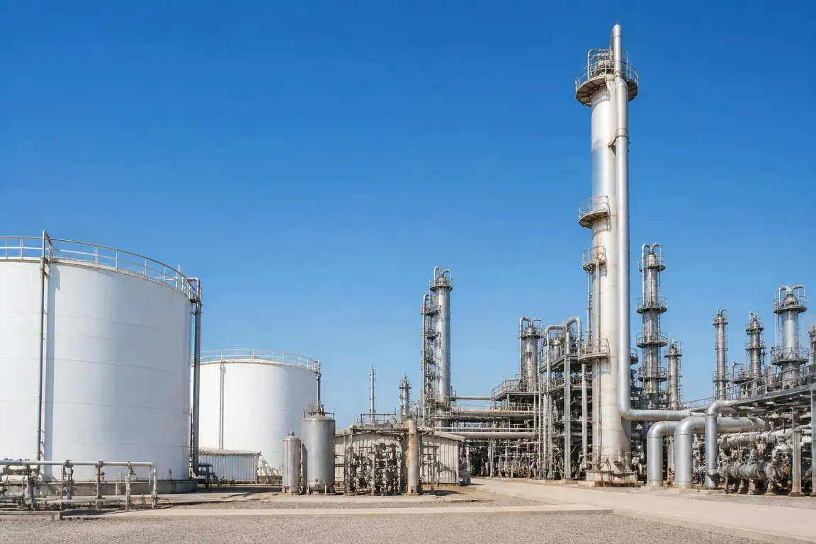 Industrial facility with white storage tanks under a blue sky