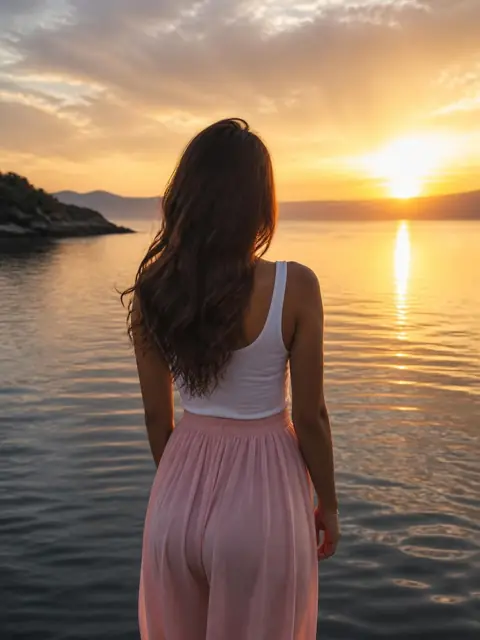 Stylish woman in a white top and pink skirt standing by the water at sunset, seen from behind