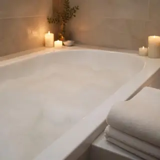 Bathtub with soap bubbles and candles