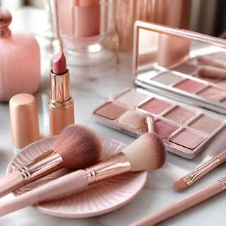 Pink makeup brushes, lipstick and palette