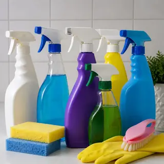 Spray bottles, sponges and gloves