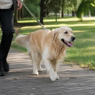 Golden retriever being walked on a leash