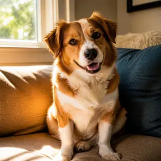Brown and white dog on a sofa