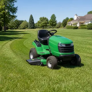 Green riding lawn mower on a striped lawn